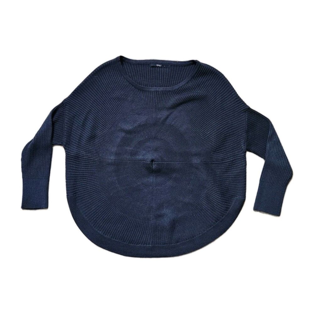 ONLY Ribbed Knit Sweater Round Hem Dolman Sleeve Women's Navy Blue Sz L EUC